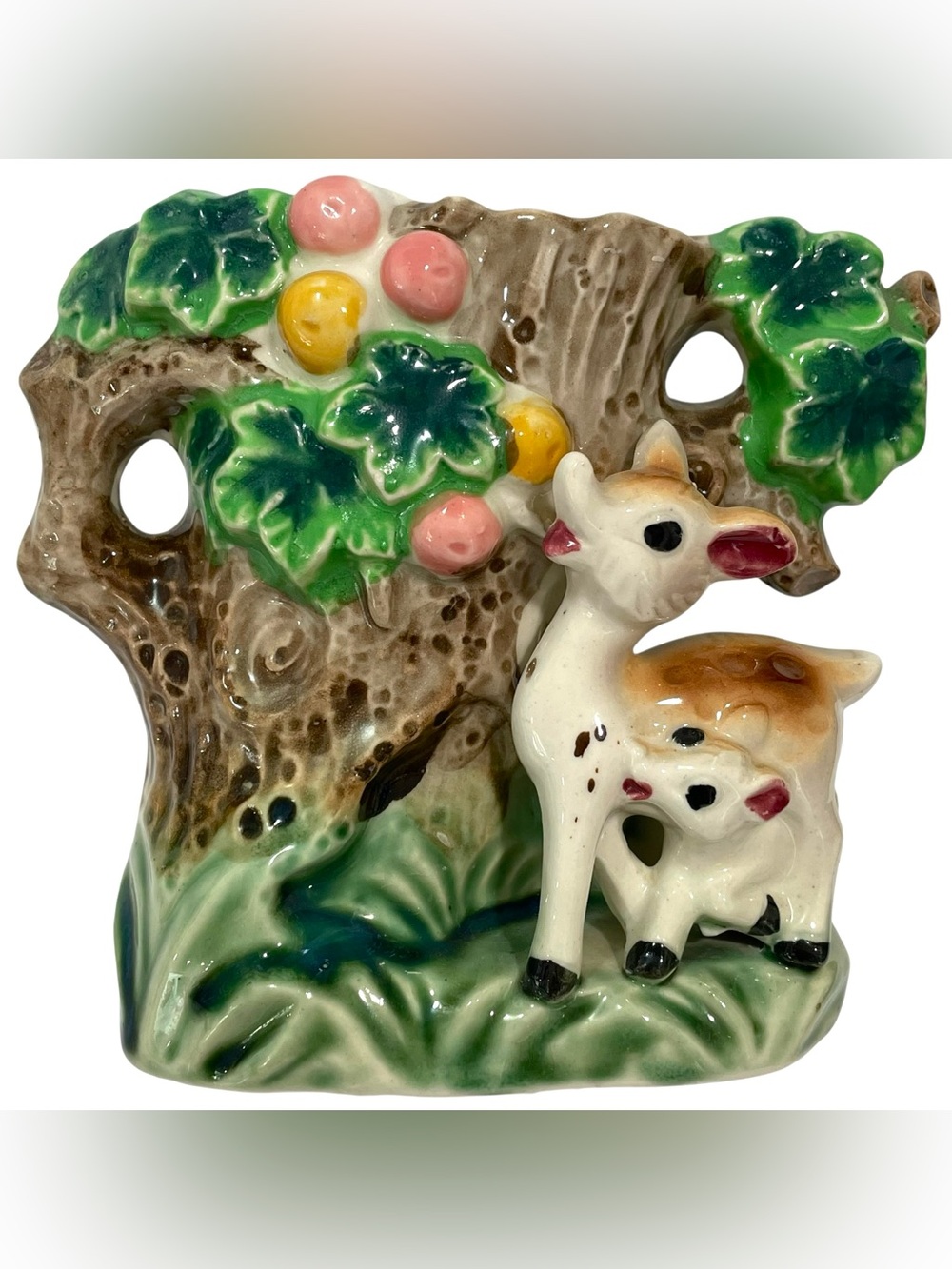 Vintage 1950s Kitschy Fawn Ceramic Planter - Woodland Deer & Peach Tree Japan